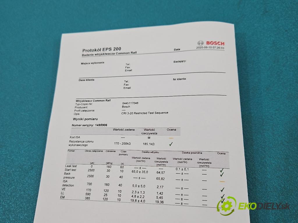 Mercedes E W213 2016-2023 2.0 CDI 194KM: automatic 143 kW 1950 cm3 5- vstrek 0445117048 (Vstrekovač paliva)