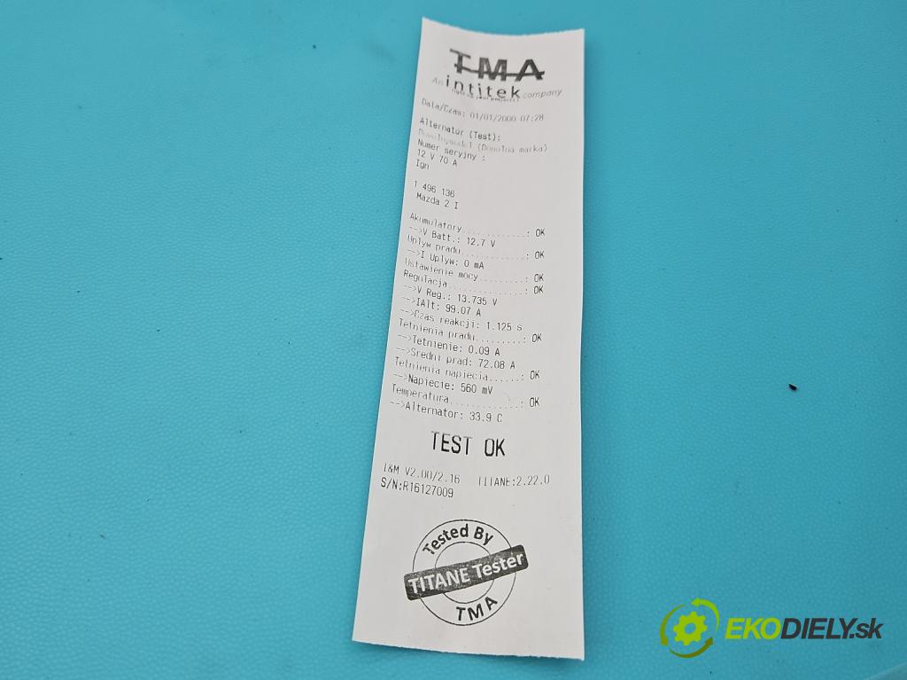 Mazda 2 I 2003-2007 1.2 16V 75 HP manual 55 kW 1242 cm3 5- Alternator A005TA7692 (Alternátor)