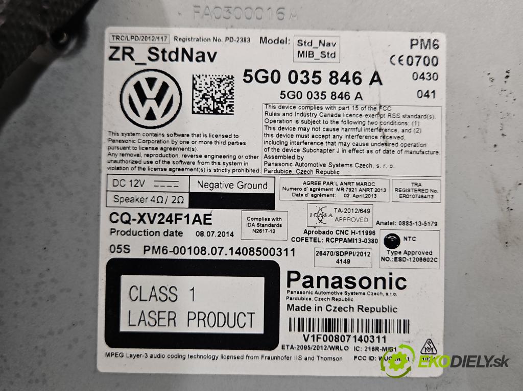Vw Golf VII 2012-2020 1.4 TSI 122 HP manual 90 kW 1395 cm3 5- Navigácia: čítačka 5G0035846A
