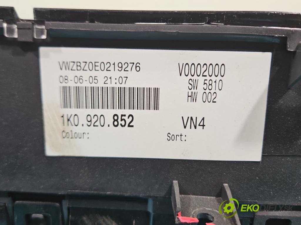 Vw Golf V 2003-2009 1.4 16V 75 HP manual 55 kW 1390 cm3 3- prístrojovka/ budíky 1K0920852 (Prístrojová doska)