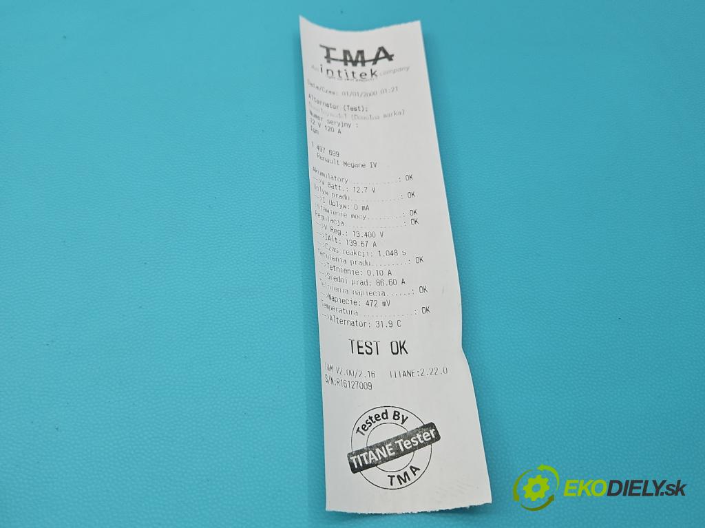 Renault Megane IV 2016-2024 1.3 116 HP manual 85 kW 1332 cm3 5- Alternator A5TE0581ZE (Alternátor)