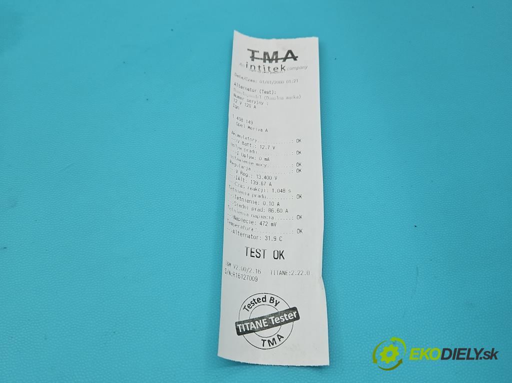 Opel Meriva A 2002-2010 1.6 16V 101 HP manual 74 kW 1598 cm3 5- Alternator 0124425009 (Alternátor)