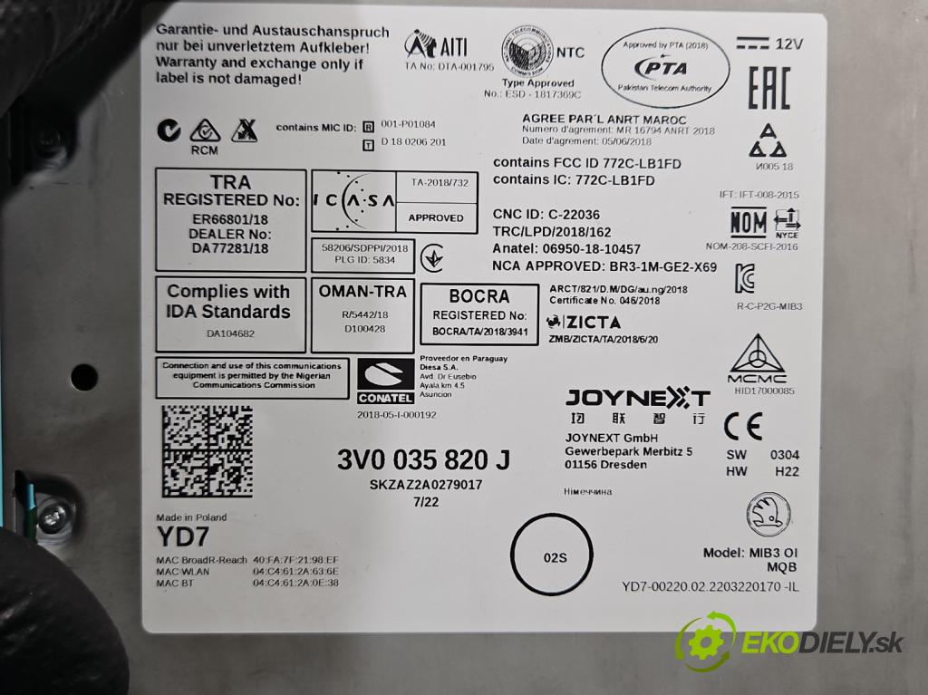 Skoda Kodiaq I 2.0 TSI 190 hp automatic 140 kW 1984 cm3 5- Navigace: čtečka 3V0035820J