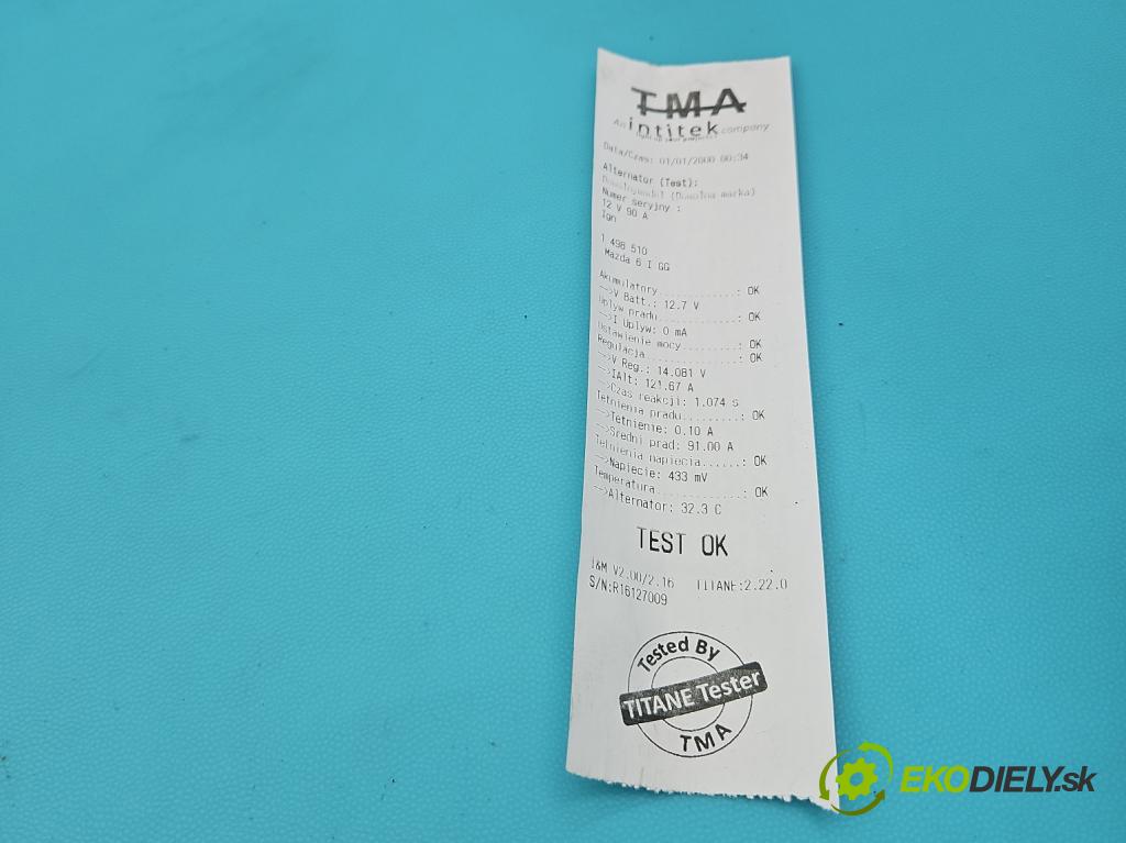 Mazda 6 I GG 2002-2007 1.8 16V 120 HP manual 88 kW 1798 cm3 5- Alternator A3TG0091 (Alternátor)