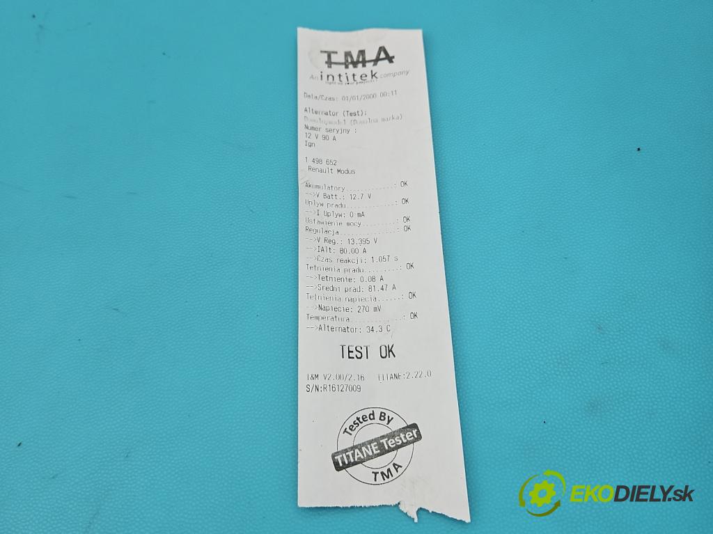 Renault Modus 1.1 16V 75 HP manual 55 kW 1149 cm3 5- Alternator 8200429898 (Alternátor)