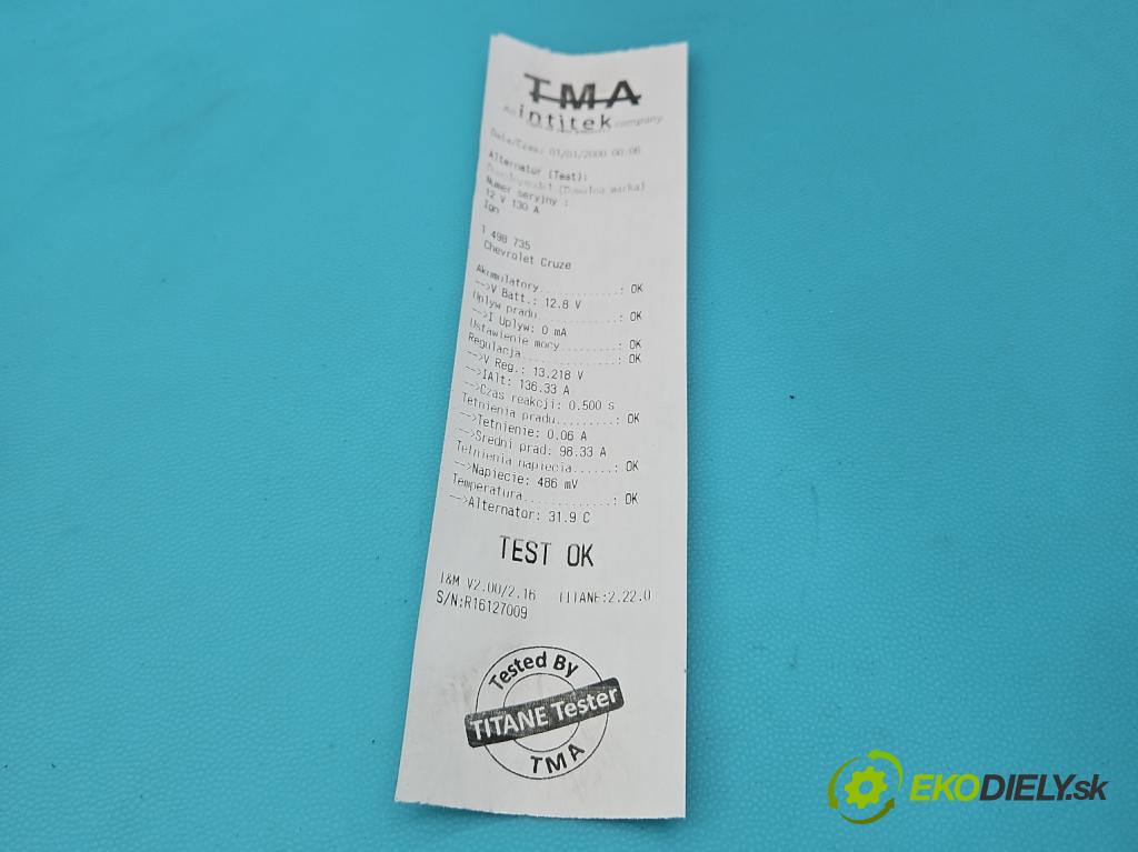 Chevrolet Cruze 2.0 VCDi: 163 HP manual 120 kW 1998 cm3 5- Alternator 13580078 (Alternátor)