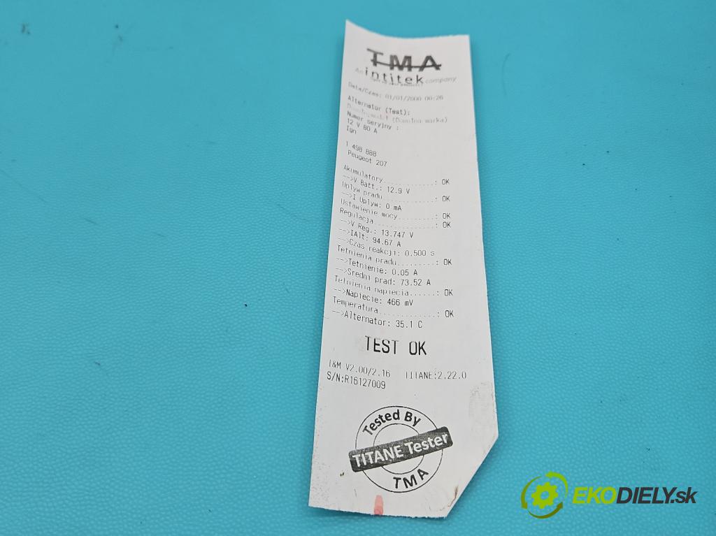 Peugeot 207 1.4 hdi 68 HP manual 50 kW 1398 cm3 3- Alternator 9665580680 (Alternátor)