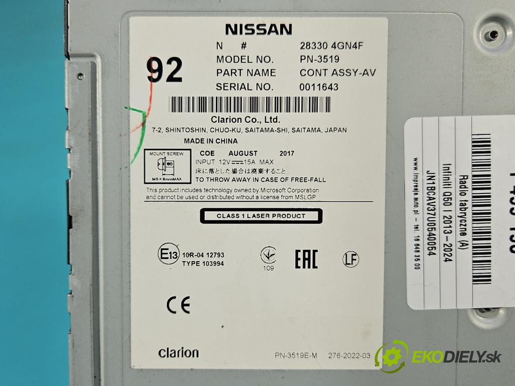 Infiniti Q50 I 2013-2024 2.0 T 211KM automatic 155 kW 1991 cm3 4- Radio továrna: 28330-4GN4F