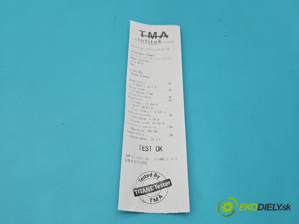 Mazda Premacy 1.8 16V 101 HP manual 74 kW 1840 cm3 5- Alternator A2TB7791 (Alternátor)