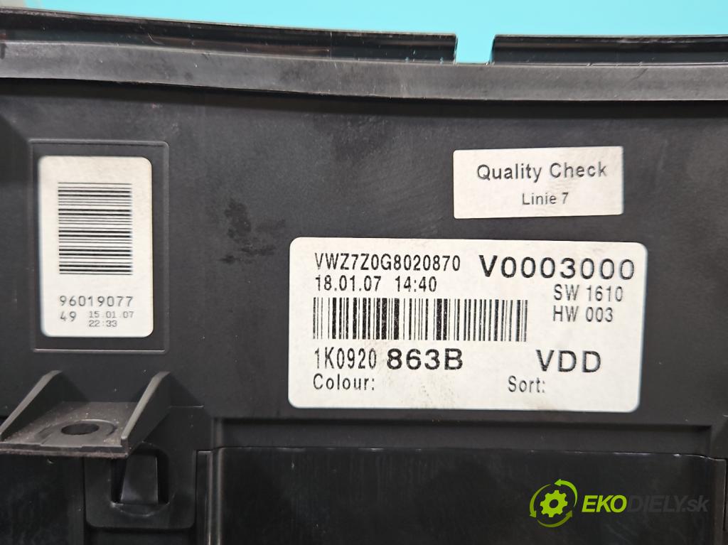 Vw Golf plus 2.0 tdi 140 HP manual 103 kW 1968 cm3 5- prístrojovka/ budíky 1K0920863B (Prístrojová doska)