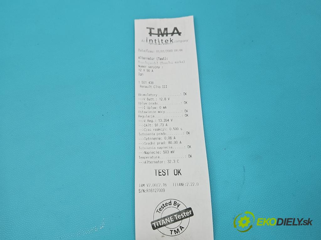 Renault Clio III 2005-2012 1,2.0 16V 75 HP manual 55 kW 1149 cm3 5- Alternator 0124325139 (Alternátor)