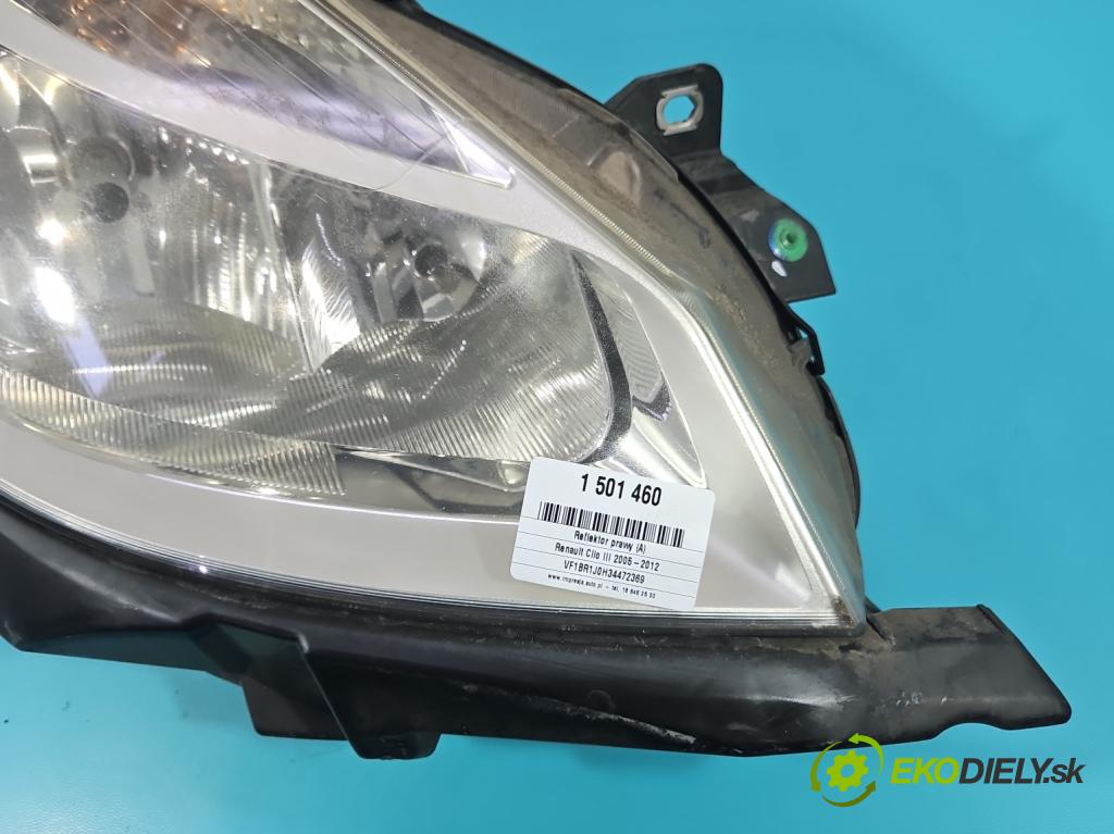 Renault Clio III 2005-2012 1,2.0 16V 75 HP manual 55 kW 1149 cm3 5- Reflektor: pravý 8200244897 (Svetlo predné pravé)