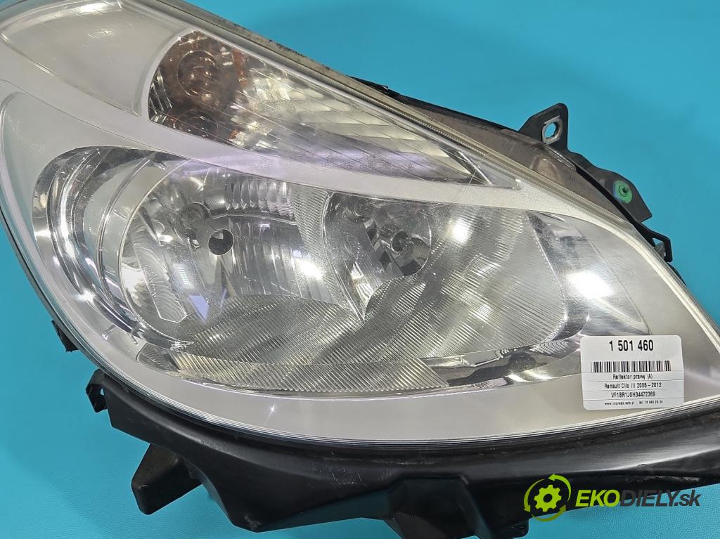Renault Clio III 2005-2012 1,2.0 16V 75 HP manual 55 kW 1149 cm3 5- Reflektor: pravý 8200244897 (Svetlo predné pravé)