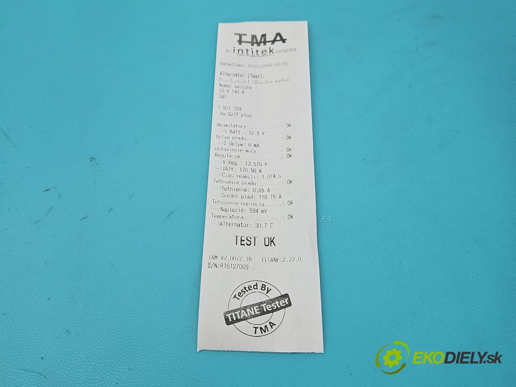 Vw Golf plus 2.0 tdi 140 HP manual 103 kW 1968 cm3 5- Alternator 06F903023C (Alternátor)