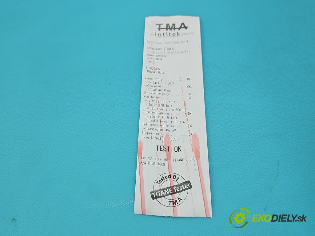 Nissan Note I 2006-2012 1.6 16V 110 HP manual 81 kW 1598 cm3 5- Alternator 23100BC400 (Alternátor)