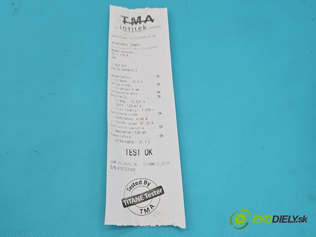 Dacia Sandero I 2008-2012 1.4 8V 75 HP manual 55 kW 1390 cm3 5- Alternator 8200810621C (Alternátor)