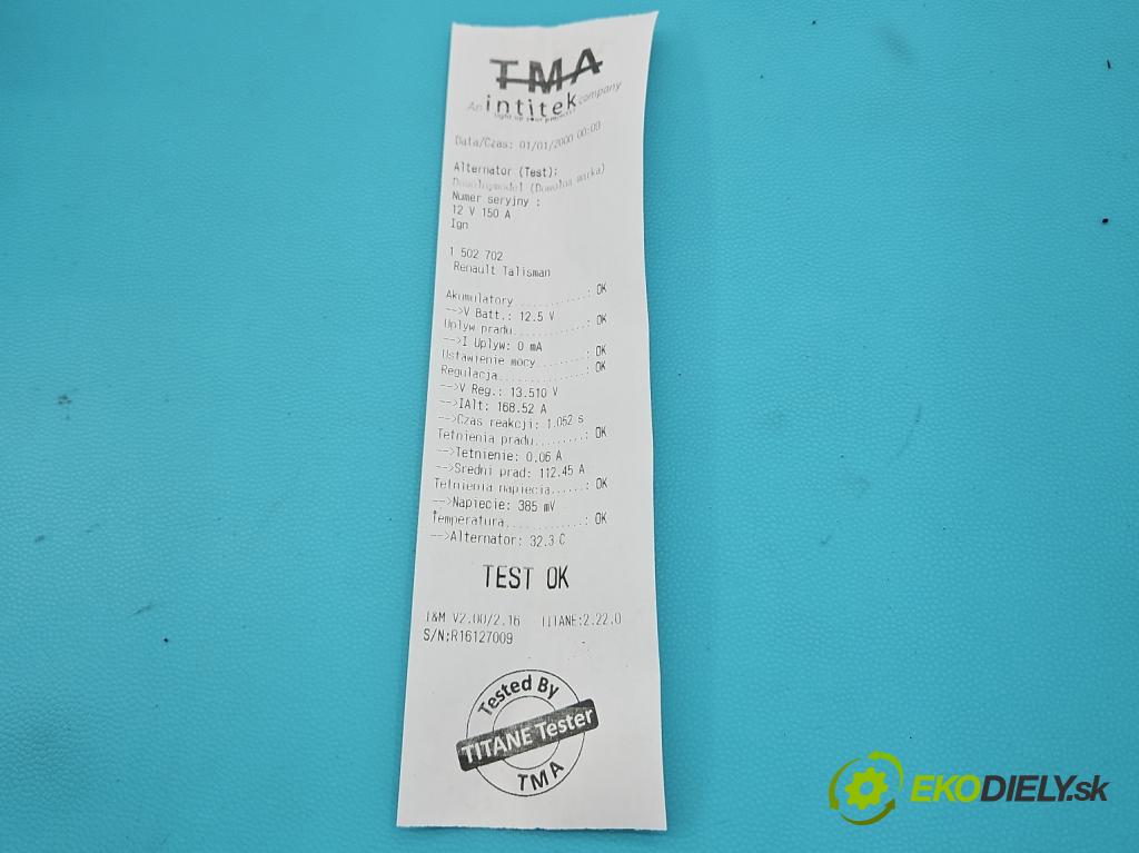 Renault Talisman 2015-2022 1.6 150 HP automatic 110 kW 1618 cm3 4- Alternator 23100-4PA0A-F (Alternátor)