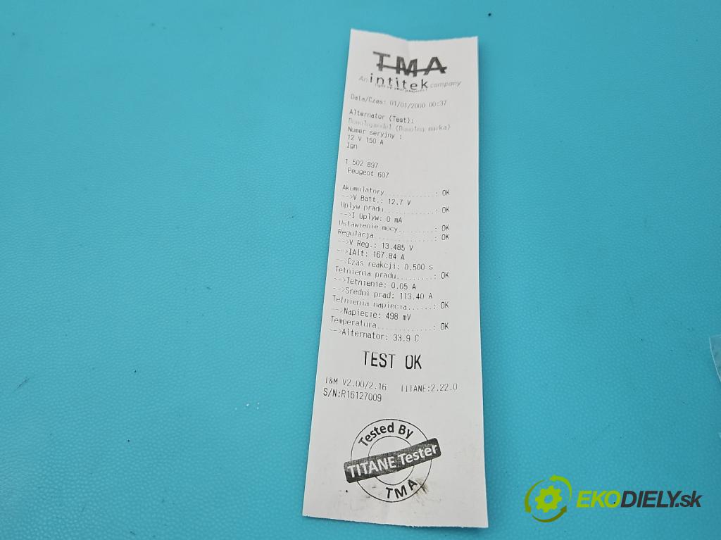 Peugeot 607 2.2 16V 163 HP manual 120 kW 2231 cm3 4- Alternator 9646321780 (Alternátor)