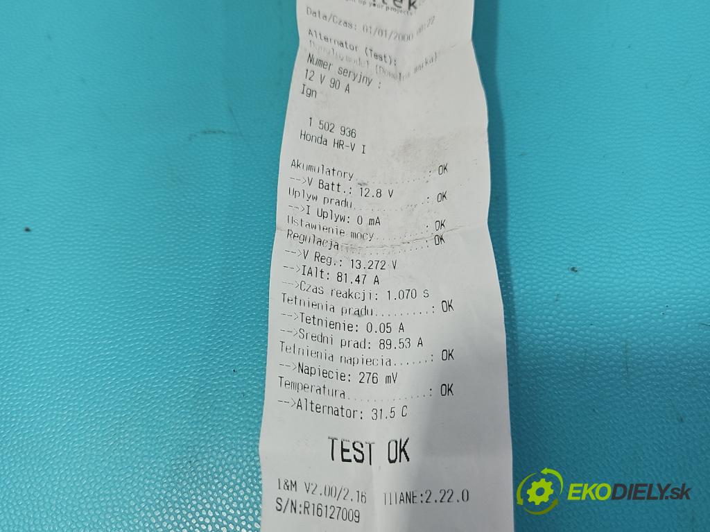 Honda HR-V I 1999-2006 1.6 16V 105 HP manual 77 kW 1590 cm3 3- Alternator 102211-1780 (Alternátor)