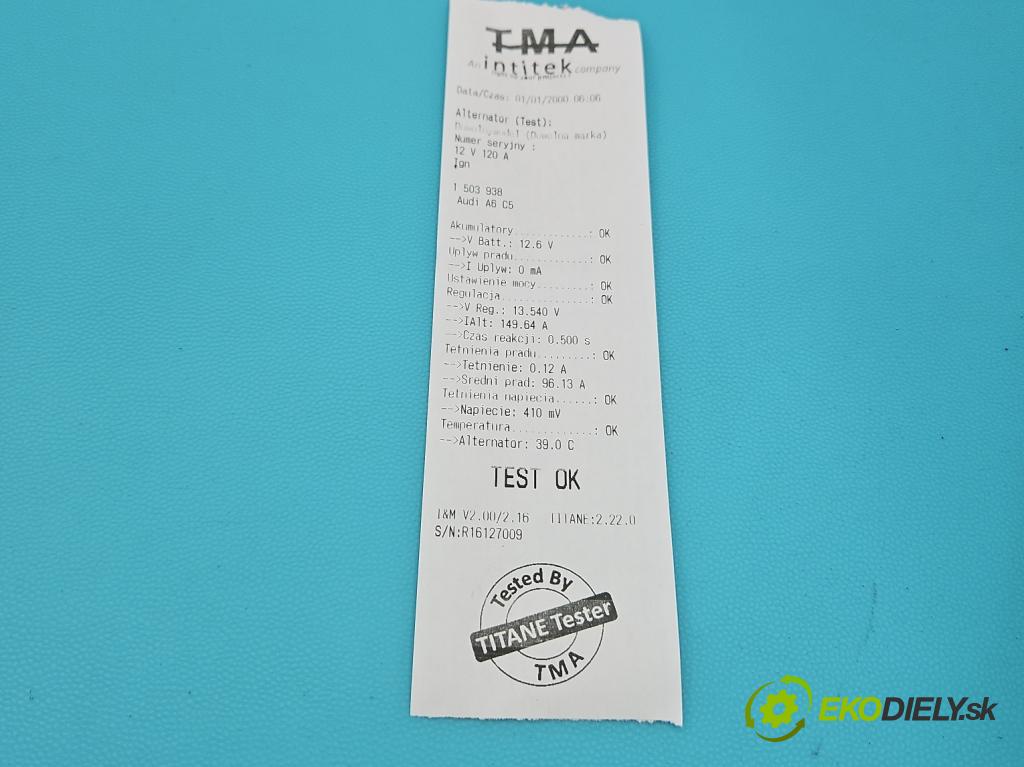 Audi A6 C5 1997-2004 1.8 T 150 HP manual 110 kW 1781 cm3 5- Alternator 06B903016E (Alternátor)