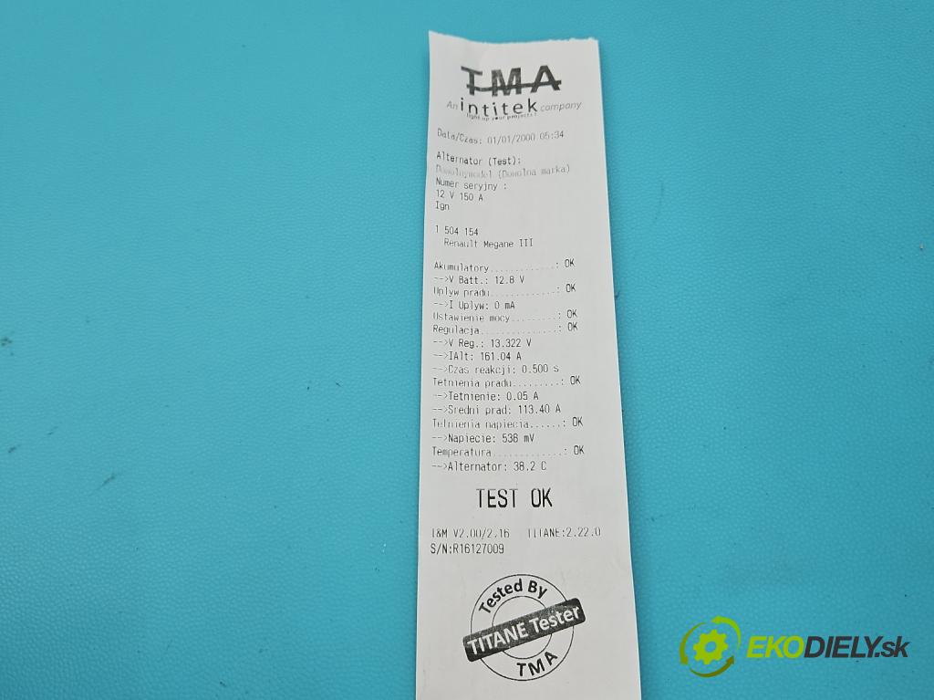 Renault Megane III 2008-2016 1.5 dci 110 HP manual 81 kW 1461 cm3 5- Alternator 231000027R (Alternátor)