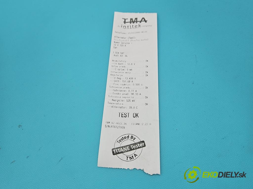 Audi A3 8L 1996-2003 1.8 20V 125 HP manual 92 kW 1781 cm3 3- Alternator 038903023S (Alternátor)