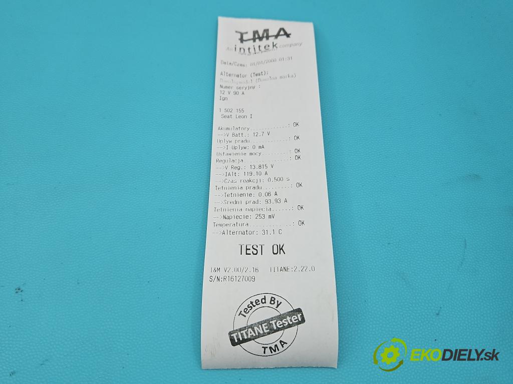 Seat Leon I 1999-2005 1.6 16V 105 HP manual 77 kW 1598 cm3 5- Alternator 06A903026 (Alternátor)