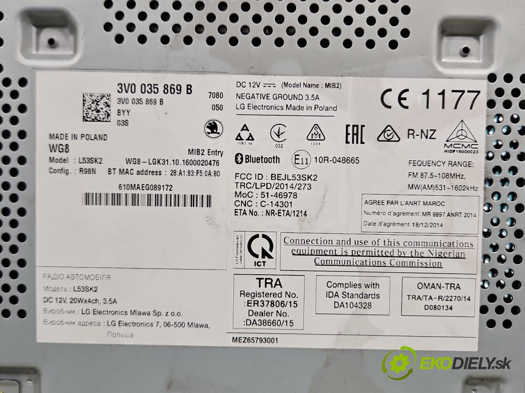 Skoda Superb III 2015-2024 2.0 tdi 190 HP automatic 140 kW 1968 cm3 5- Radio originál 3V0035869B