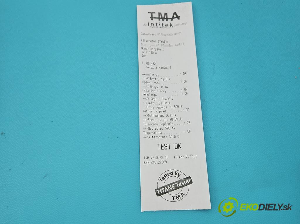 Renault Kangoo I 1998-2008 1.9 dci 80 HP manual 59 kW 1870 cm3 5- Alternator 8200205612 (Alternátor)