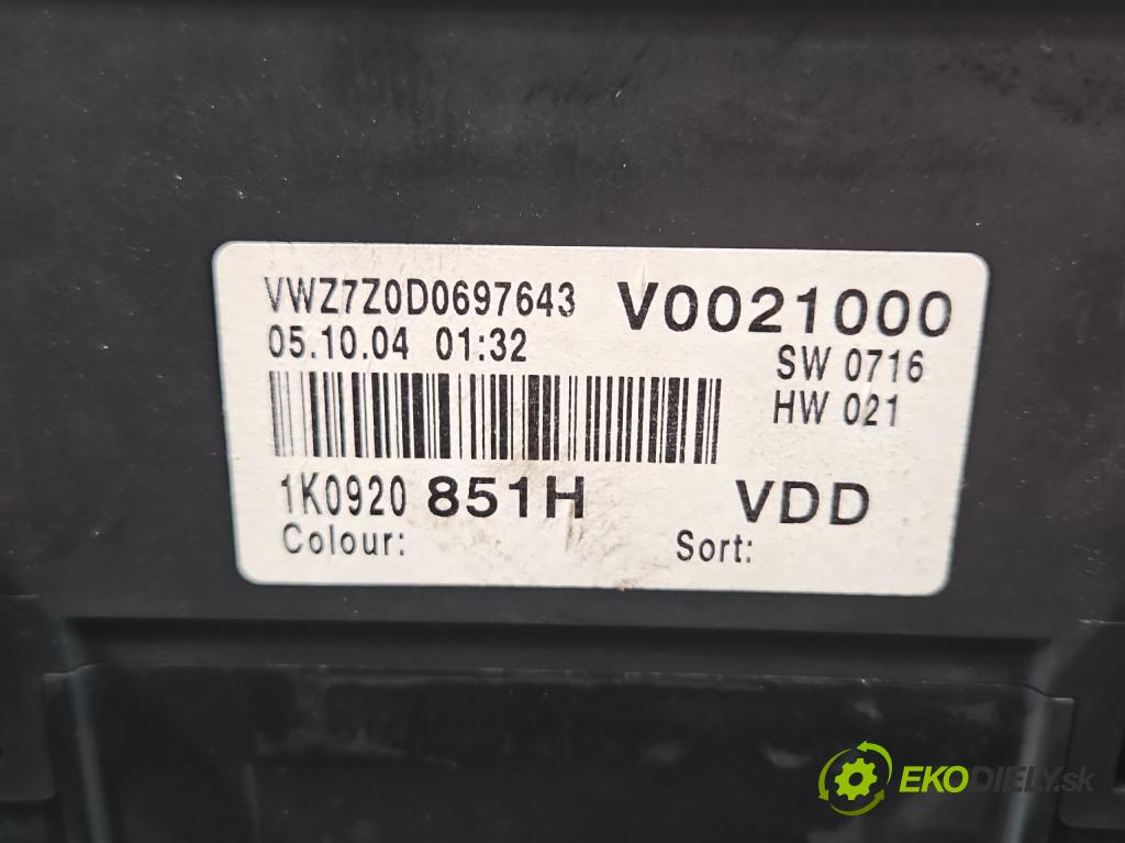 Vw Golf V 2003-2009 1.9 tdi 105 HP manual 77 kW 1896 cm3 5- prístrojovka/ budíky 1K0920851H (Prístrojová doska)