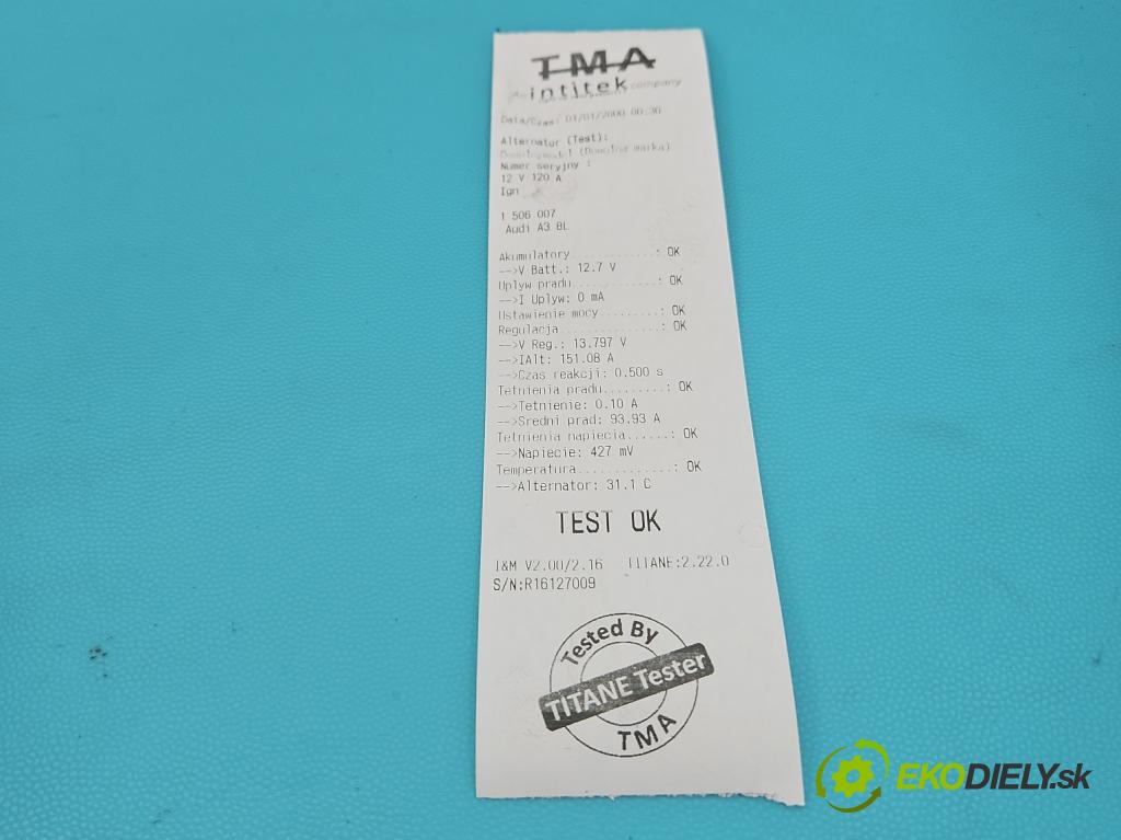 Audi A3 8L 1996-2003 1.9 tdi 131 HP manual 96 kW 1896 cm3 3- Alternator 038903023S (Alternátor)