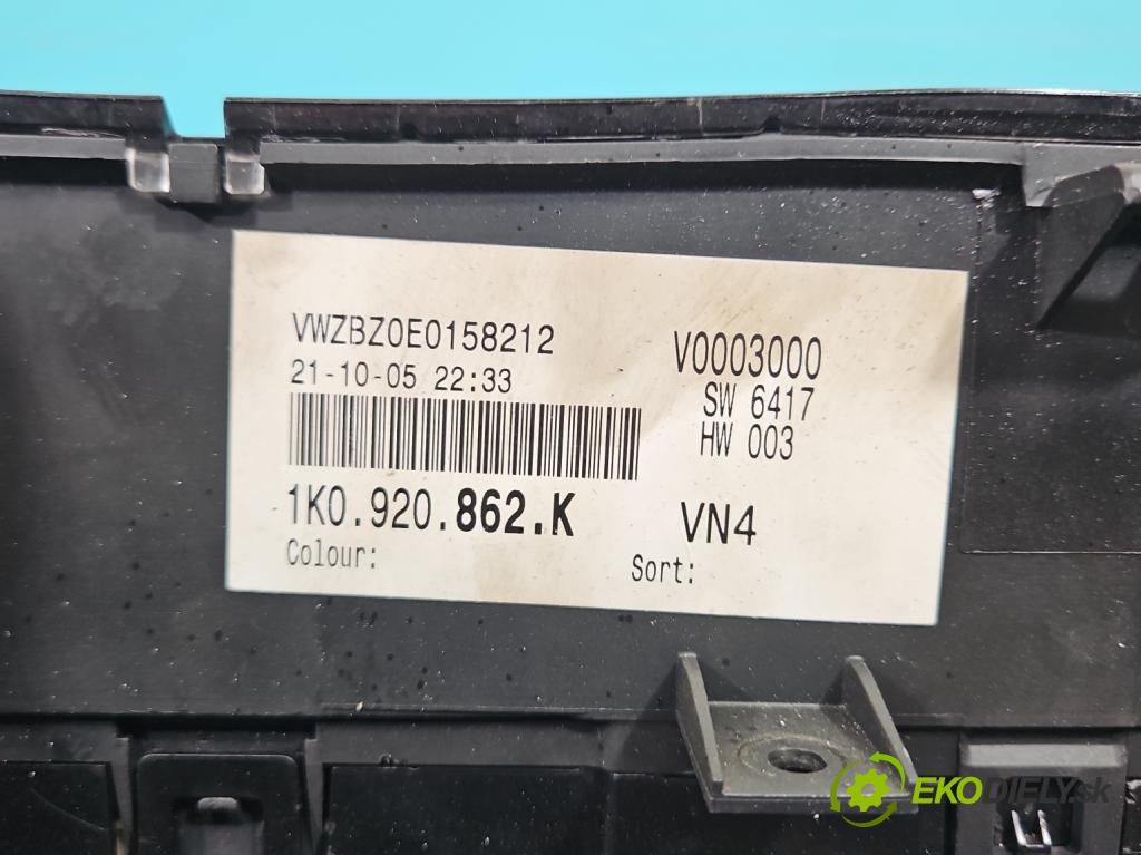 Vw Golf plus 1.9 tdi 105 HP manual 77 kW 1896 cm3 5- prístrojovka/ budíky 1K0920862K (Prístrojová doska)