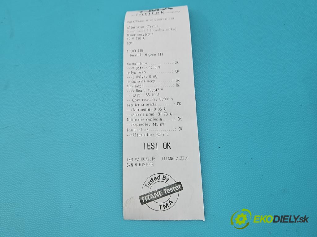 Renault Megane III 2008-2016 1.5 dci 110 HP manual 81 kW 1461 cm3 5- Alternator 231000027R (Alternátor)