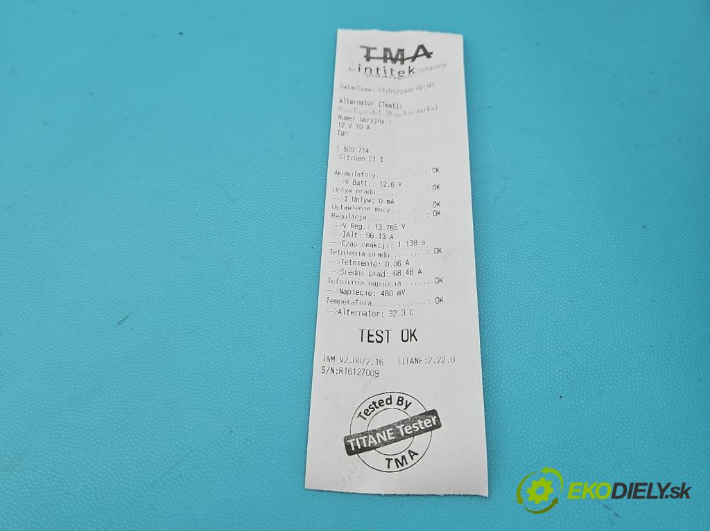 Citroen C1 I 2005-2014 1.0 68 HP manual 50 kW 998 cm3 5- Alternator 27060-0Q011 (Alternátor)