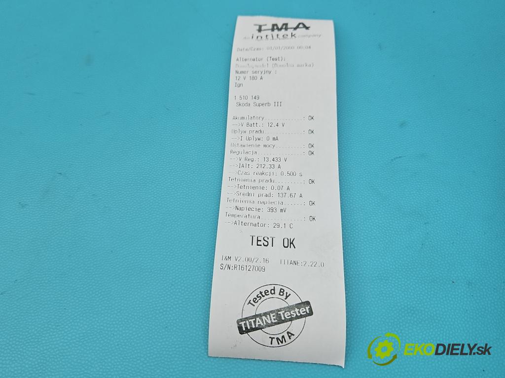 Skoda Superb III 2015-2024 2.0 tdi 190 HP automatic 140 kW 1968 cm3 5- Alternator 03L903024L (Alternátor)