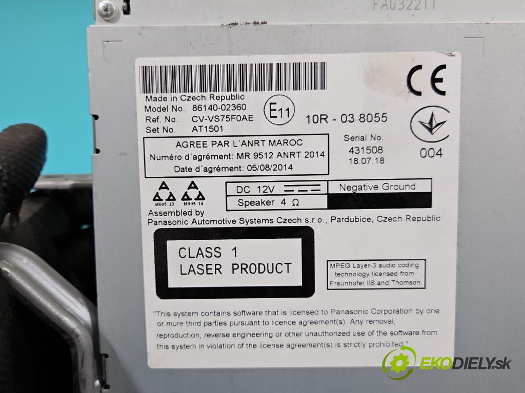 Toyota Auris II 2012-2018 1.6 16V 132  HP manual 97 kW 1598 cm3 5- Radio originál 86140-02360