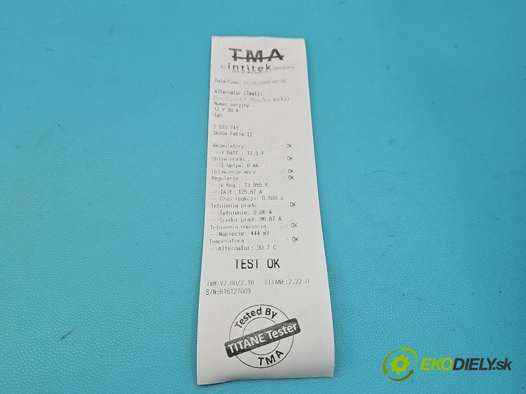 Skoda Fabia II 2007-2014 1.2 12V 69KM manual 51 kW 1198 cm3 5- Alternator 03D903025J (Alternátor)