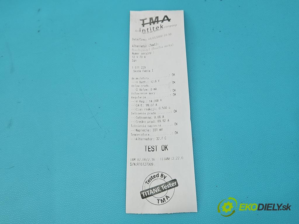 Skoda Fabia I 1999-2007 1.4 mpi 68 HP manual 50 kW 1397 cm3 4- Alternator  (Alternátor)