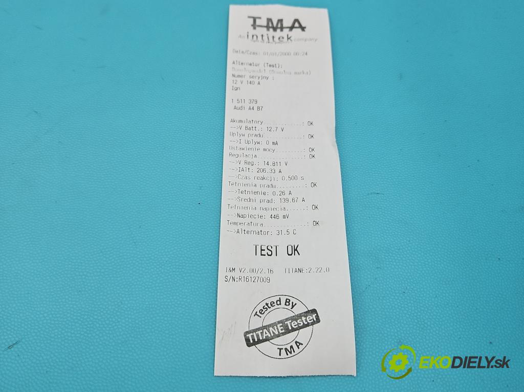 Audi A4 B7 2004-2008 2.0 TFSI 200 HP manual 147 kW 1984 cm3 5- Alternator 06D903016A (Alternátor)