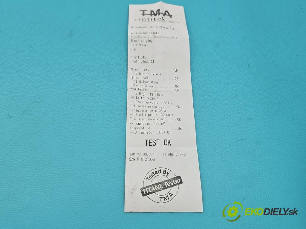 Seat Toledo II 1998-2004 1.9 tdi 110 HP manual 81 kW 1896 cm3 4- Alternator (Alternátor)