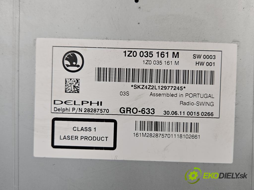 Skoda Yeti 2009-2017 1.2 TSI 105 hp manual 77 kW 1197 cm3 5- Radio továrna: 1Z0035161M
