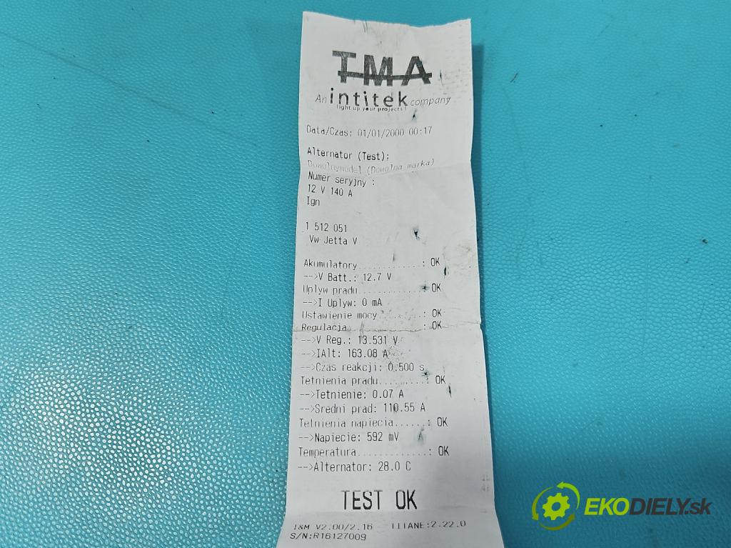 Vw Jetta V 2005-2010 1.9 tdi 105 HP manual 77 kW 1896 cm3 4- Alternator  (Alternátor)