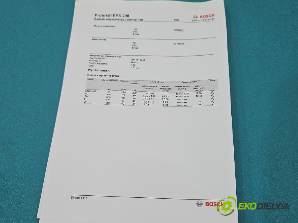 Opel Vectra C 2002-2008 1.9 cdti 150 HP manual 110 kW 1910 cm3 5- vstrek 0445110243 (Vstrekovač paliva)