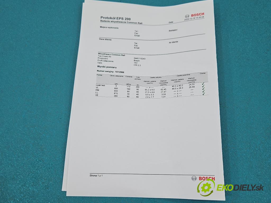 Opel Vectra C 2002-2008 1.9 cdti 150 HP manual 110 kW 1910 cm3 5- vstrek 0445110243 (Vstrekovač paliva)