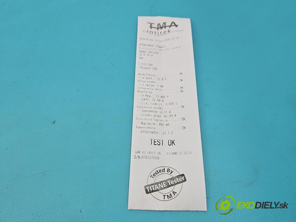 Peugeot 206 1.4 8V 75 HP manual 55 kW 1360 cm3 5- Alternator 9638275880 (Alternátor)