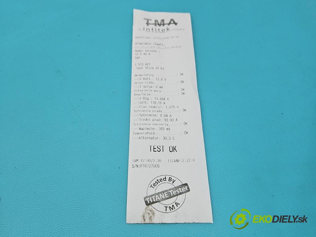 Seat Ibiza IV 6J 2008-2017 1.2 12V 69KM manual 51 kW 1198 cm3 5- Alternator  (Alternátor)