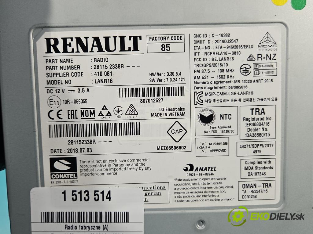 Renault Megane IV 2016-2024 1.3 Tce 140 HP manual 103 kW 1332 cm3 4- Radio originál 281152338R