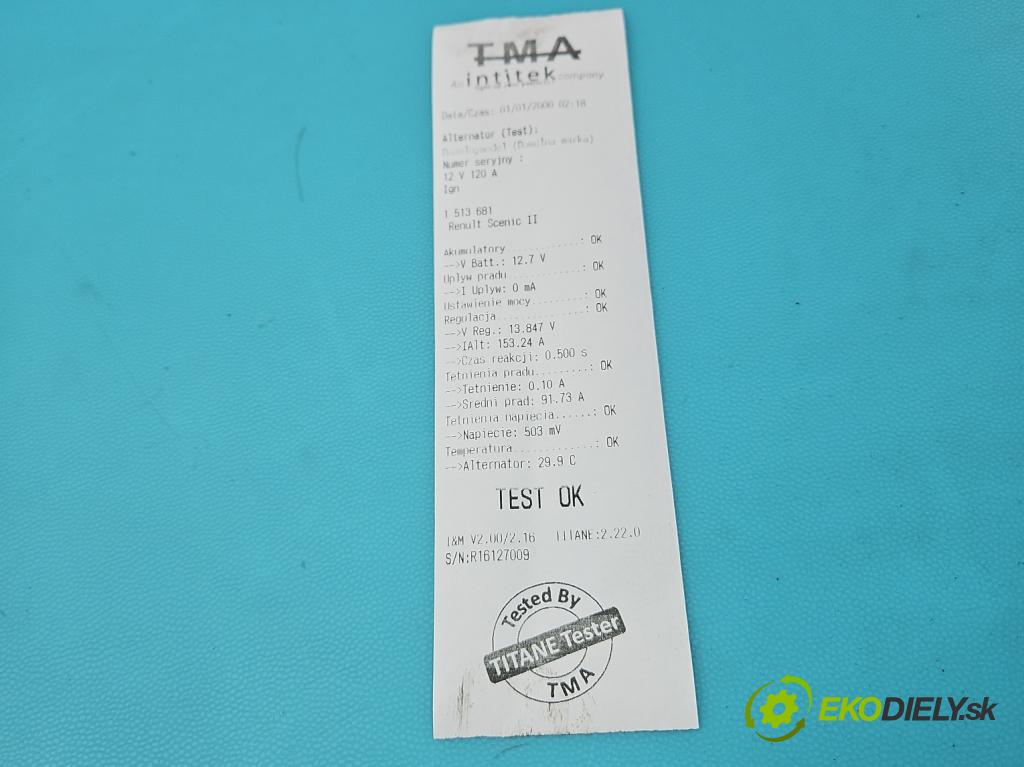 Renault Scenic II 2003-2009 2.0 16V 133 HP manual 98 kW 1998 cm3 5- Alternator 8200290217 (Alternátor)