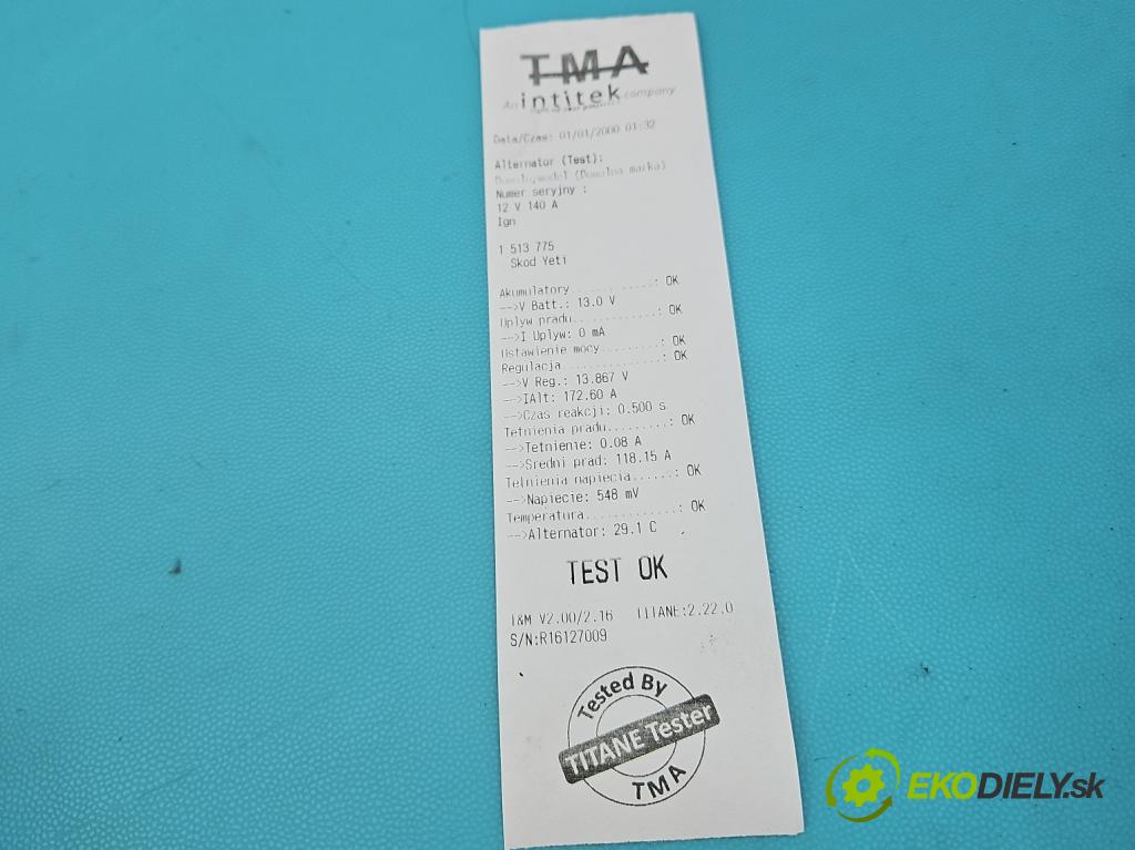 Skoda Yeti 2009-2017 1.2 TSI 105 HP manual 77 kW 1197 cm3 5- Alternator  (Alternátor)