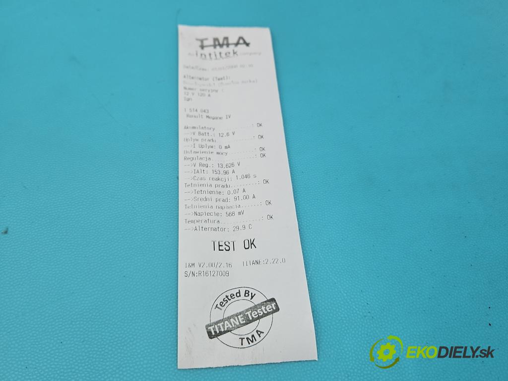 Renault Megane IV 2016-2024 1.3 Tce 140 HP manual 103 kW 1332 cm3 4- Alternator A5TE0581ZE (Alternátor)